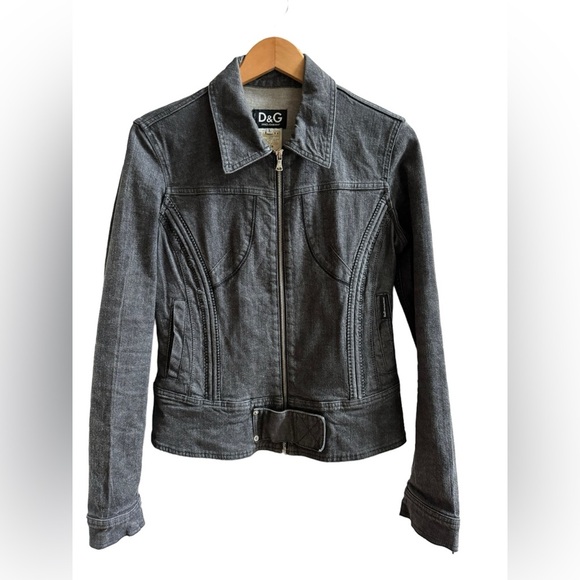 D&G DOLCE‎ & GABBANA Womens L Vintage Gray/Black Denim Zip Up Belted Jean Jacket - Picture 16 of 16